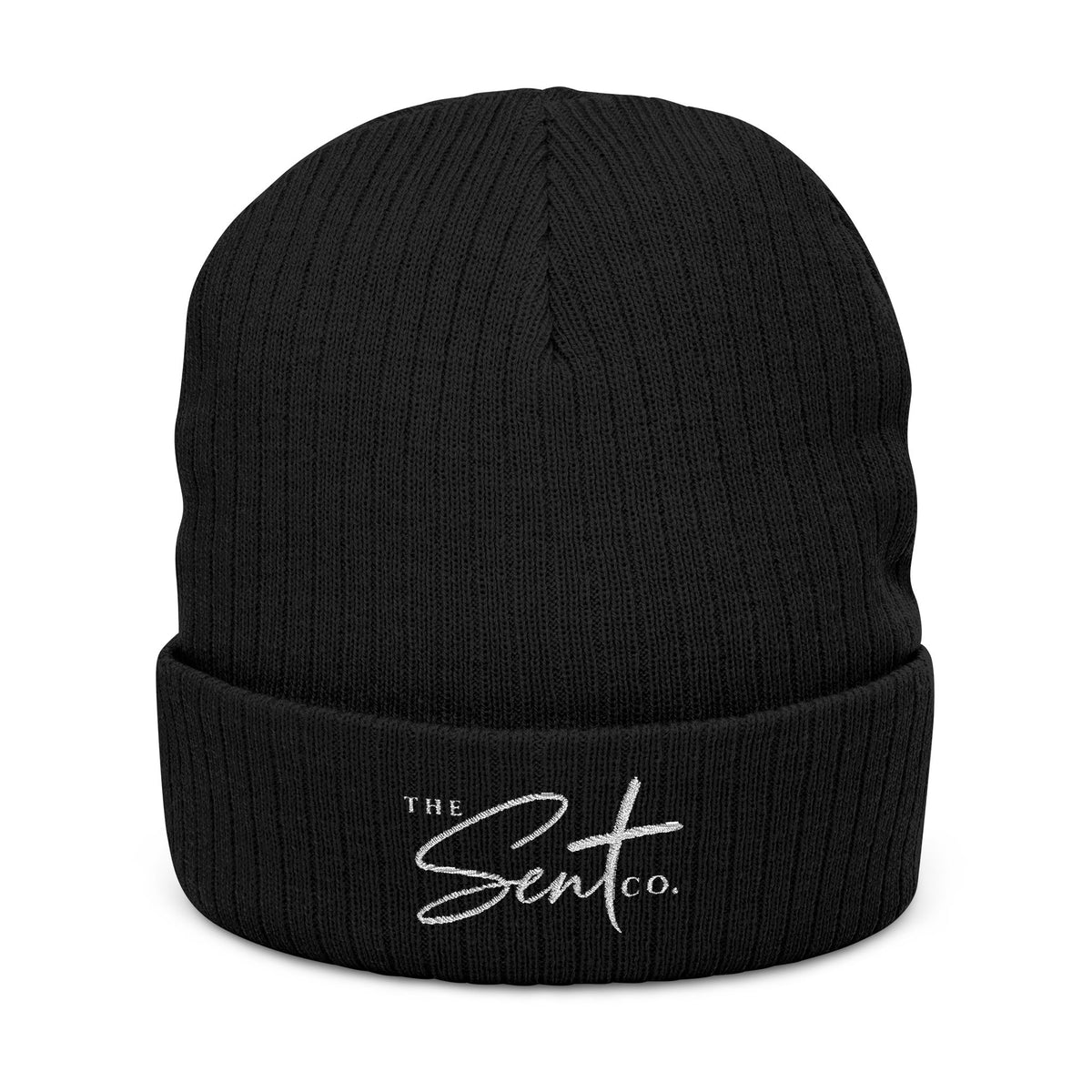 Embroidered Ribbed Beanie — 'The Sent Co.' Script Logo Knit Cap