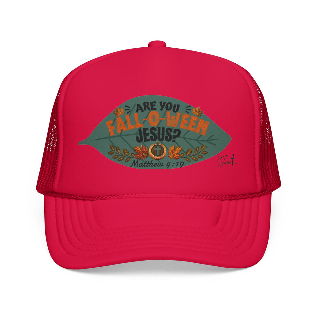Are You Fall-O-Ween Jesus? Foam Trucker Hat – Christian Fall Pumpkin Scripture (Matthew 4:19)