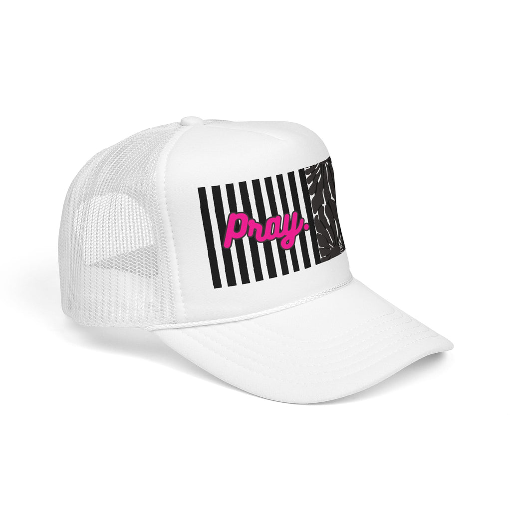 Pray Pink Patch Trucker Hat — Black Foam Mesh Cap with Stripes & Floral Blocks