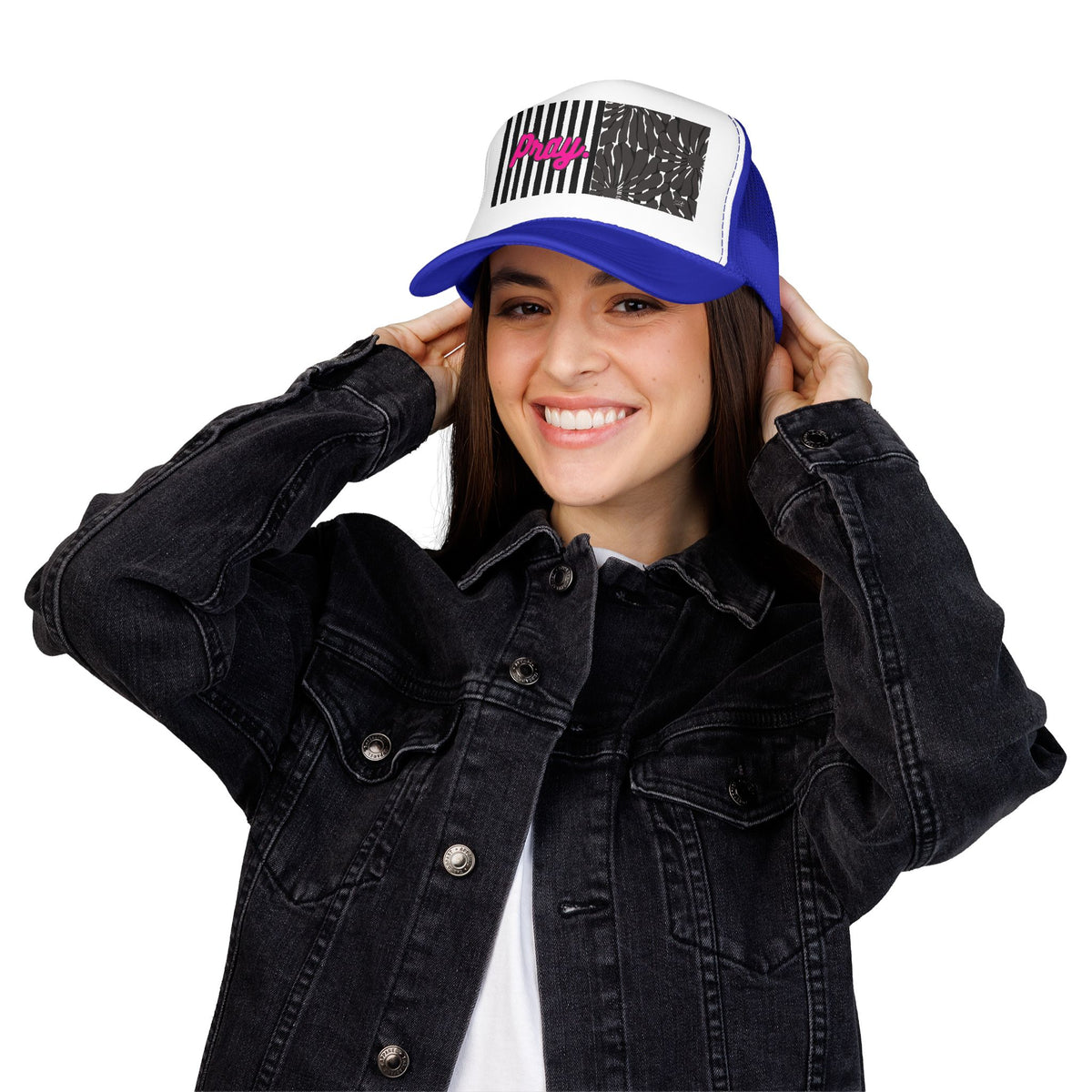 Pray Pink Patch Trucker Hat — Black Foam Mesh Cap with Stripes & Floral Blocks