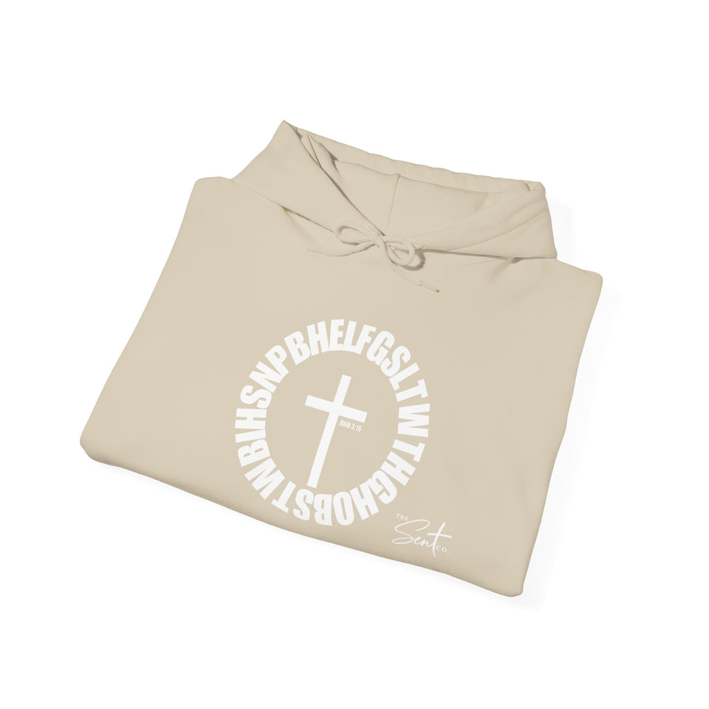 John 3:16 Cross Circle Hoodie — Faith Script Religious Pullover