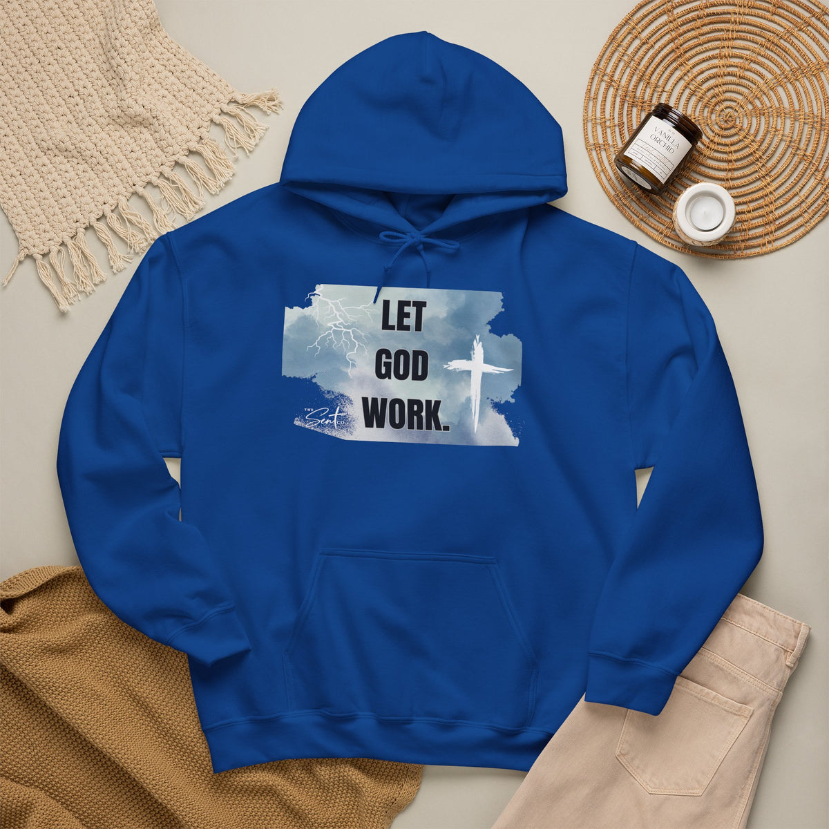 Let God Work. Hoodie — Faith Script Religious Pullover