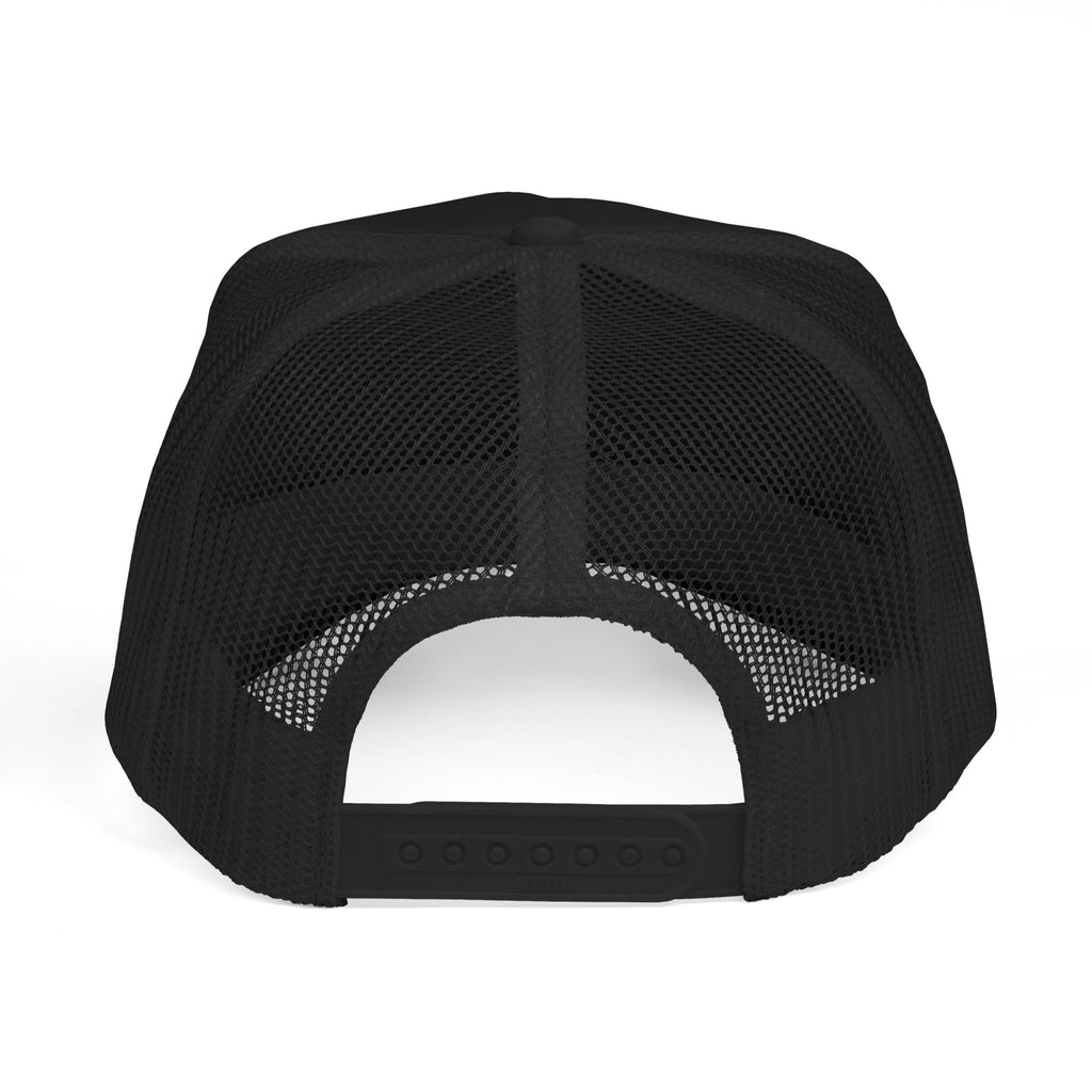 Pray Pink Patch Trucker Hat — Black Foam Mesh Cap with Stripes & Floral Blocks