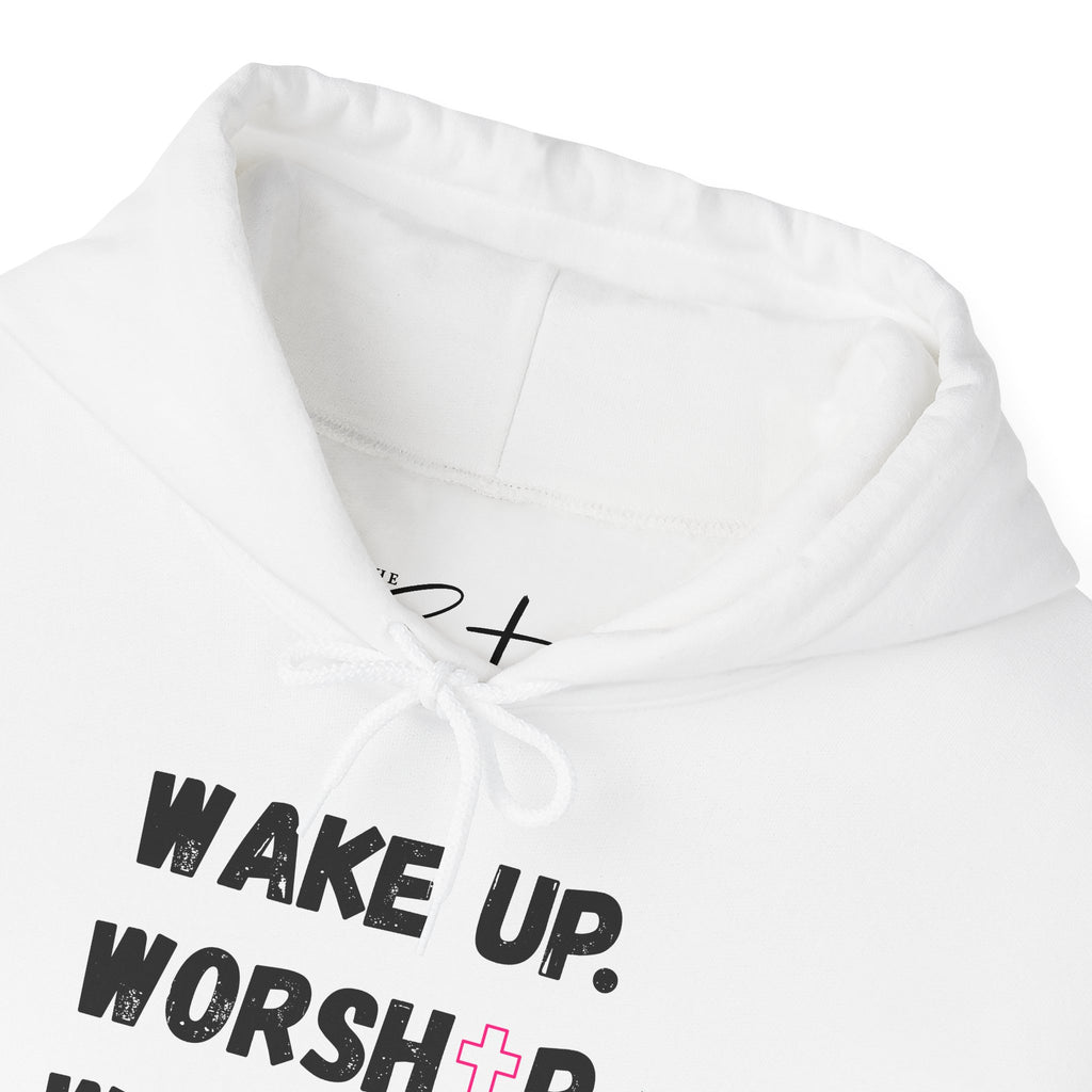 Wake Up. Worship. Workout. Hoodie — Faith & Fitness Motivational Pullover