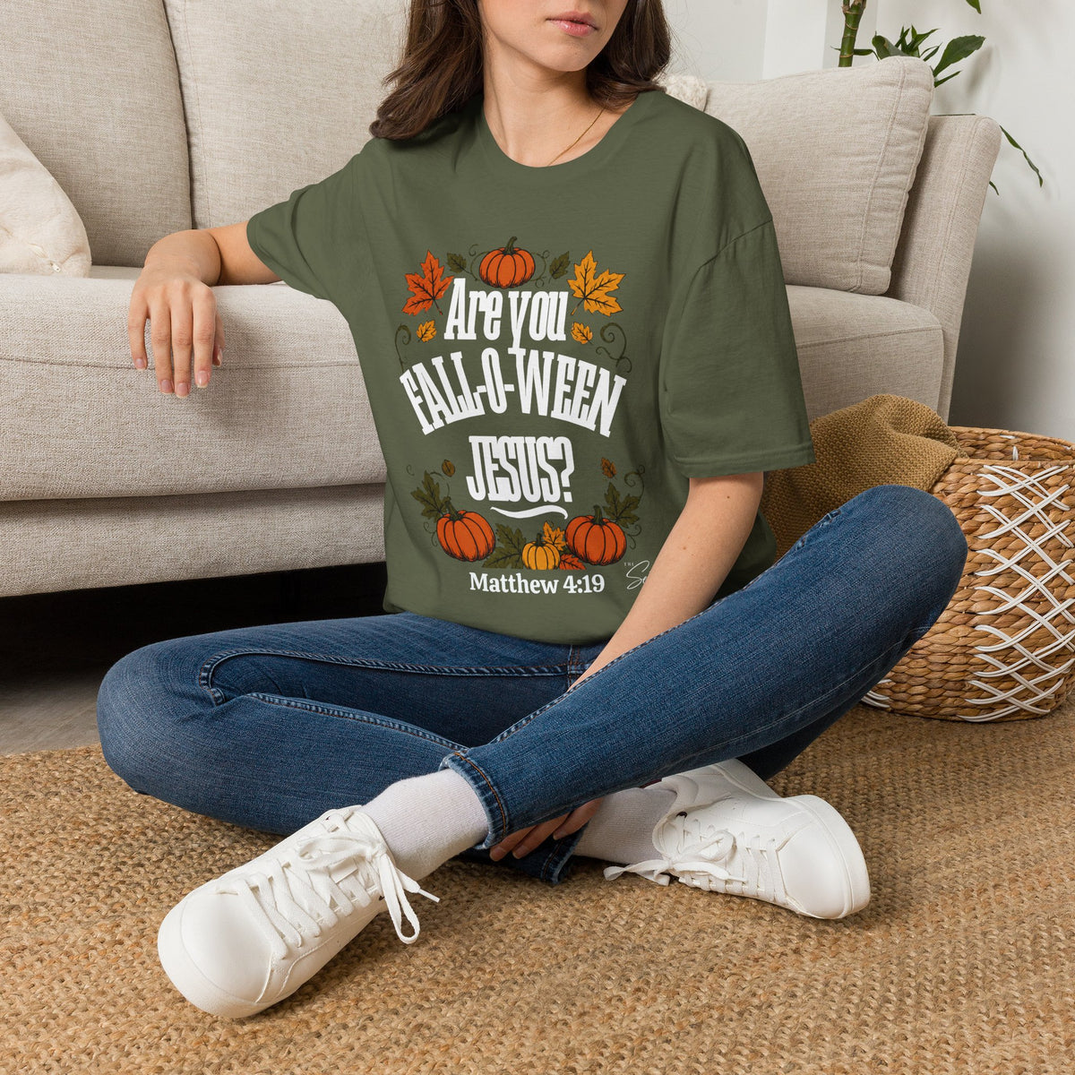 Christian Halloween T-Shirt – “Are You Fall-o-ween Jesus? Matthew 4:19” Autumn Pumpkin Tee
