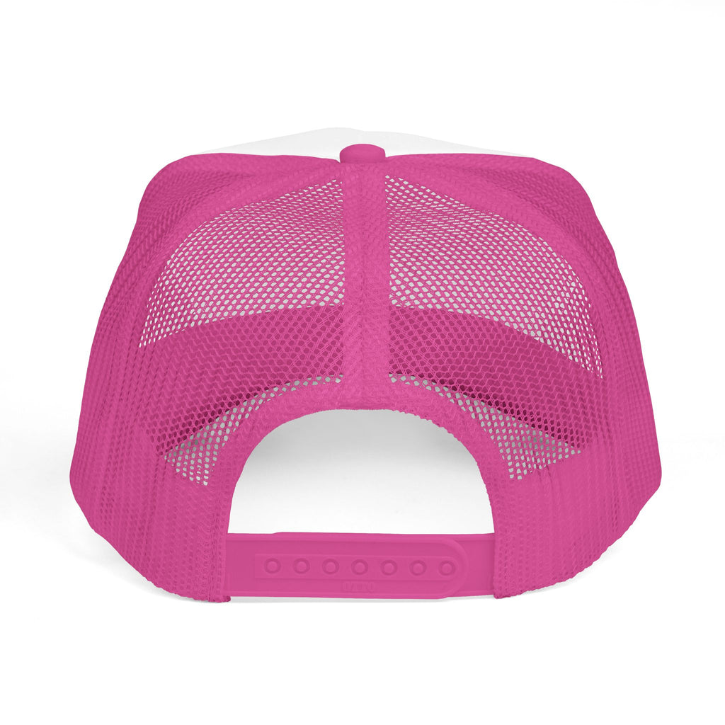 Pray Pink Patch Trucker Hat — Black Foam Mesh Cap with Stripes & Floral Blocks