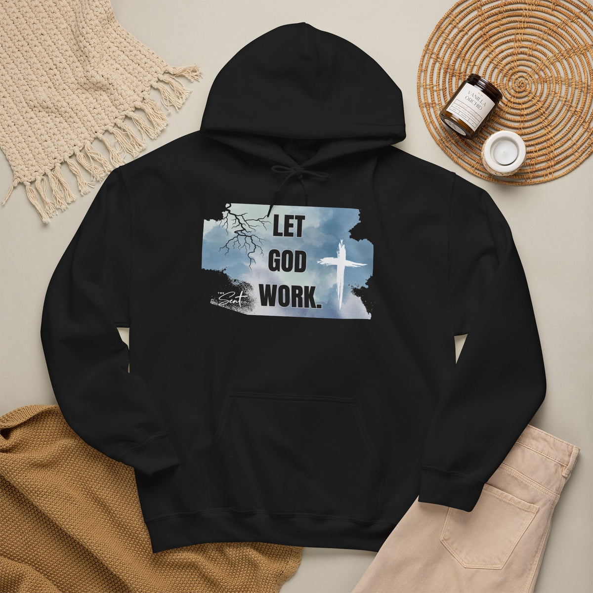 Let God Work. Hoodie — Faith Script Religious Pullover