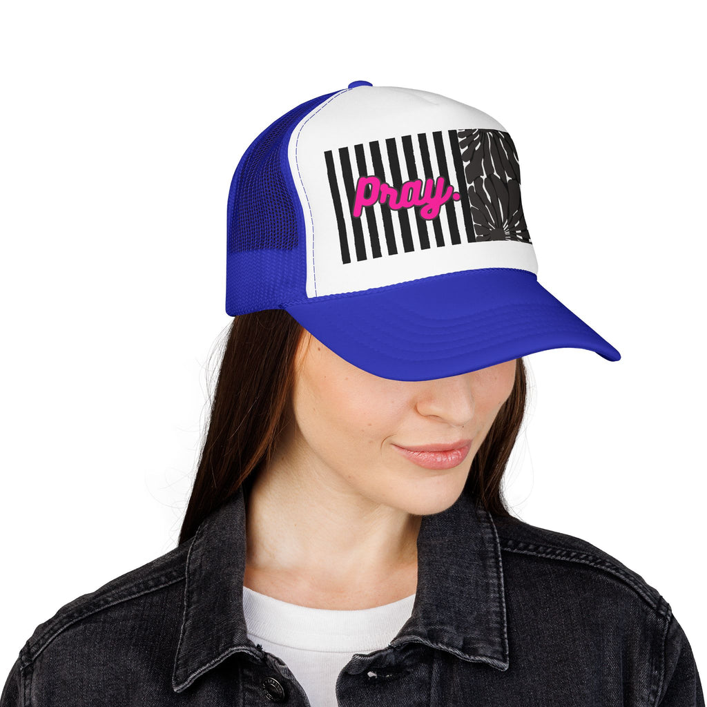 Pray Pink Patch Trucker Hat — Black Foam Mesh Cap with Stripes & Floral Blocks