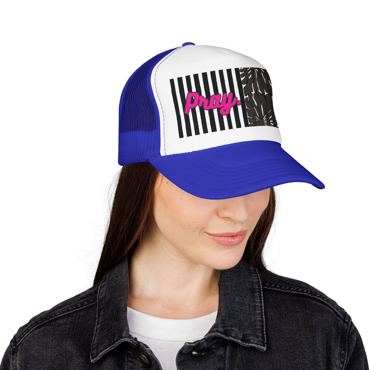 Pray Pink Patch Trucker Hat — Black Foam Mesh Cap with Stripes & Floral Blocks