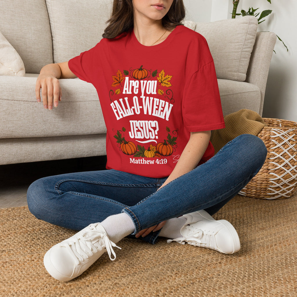 Christian Halloween T-Shirt – “Are You Fall-o-ween Jesus? Matthew 4:19” Autumn Pumpkin Tee