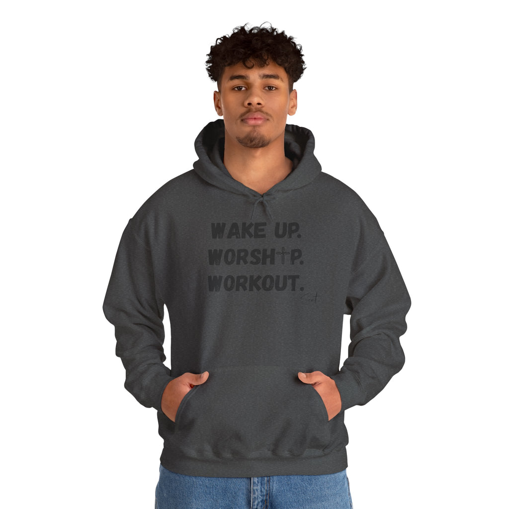Wake Up. Worship. Workout. Hoodie — Faith & Fitness Motivational Pullover