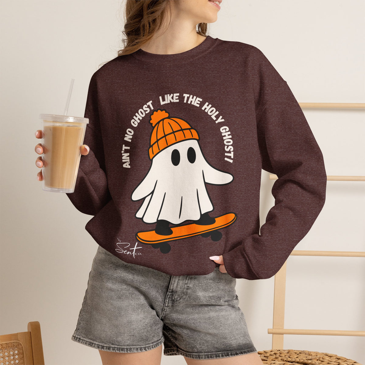 Ghost Skateboarder Sweatshirt — "Ain't No Ghost Like The Holy Ghost" Cozy Crewneck