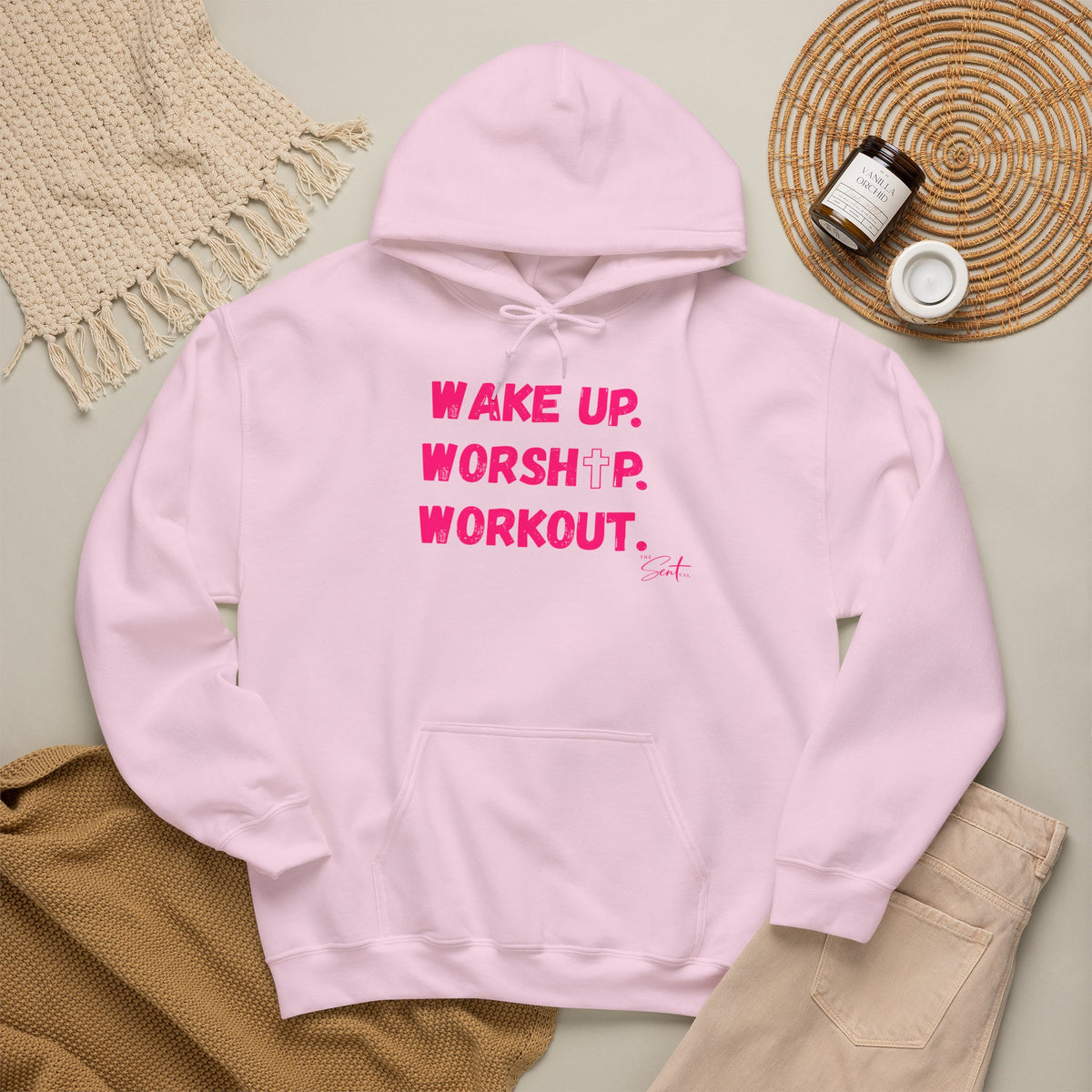 Wake Up. Worship. Workout. Hoodie — Faith & Fitness Motivational Pullover