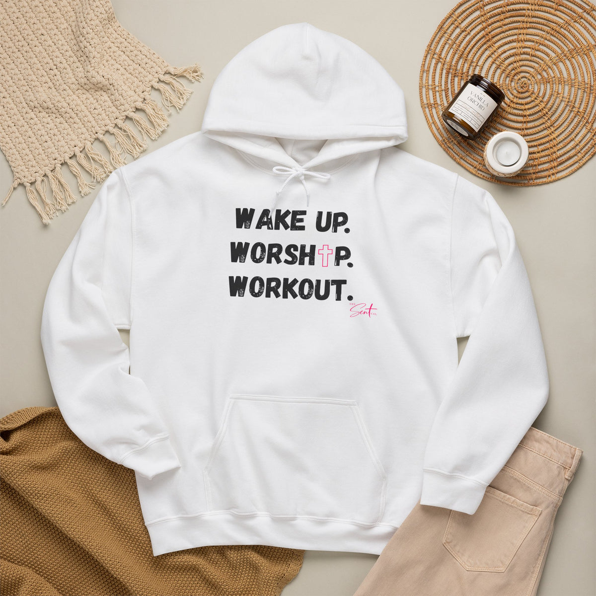 Wake Up. Worship. Workout. Hoodie — Faith & Fitness Motivational Pullover