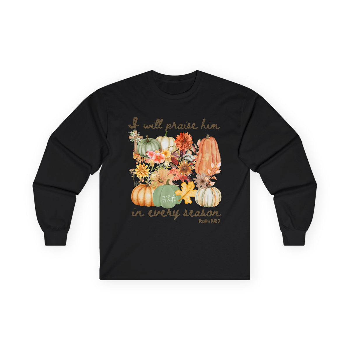 Praise Him in Every Season Long Sleeve Tee — Fall Pumpkin Floral Faith Shirt