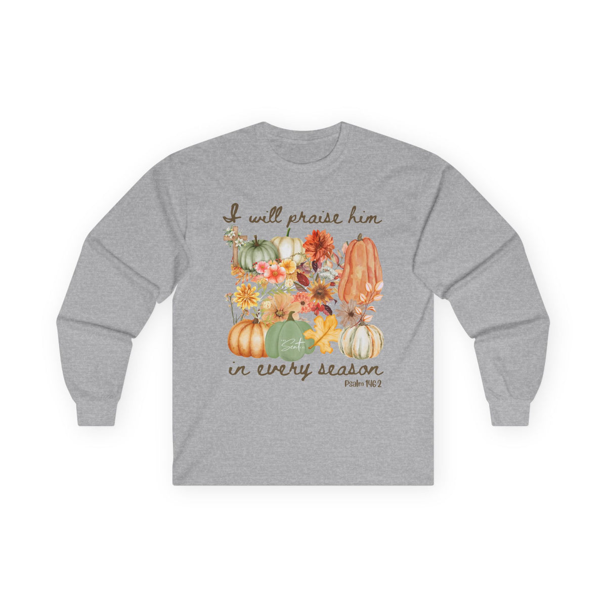 Praise Him in Every Season Long Sleeve Tee — Fall Pumpkin Floral Faith Shirt