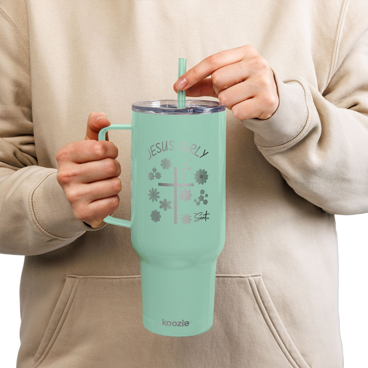 40oz Engraved Tumbler with Lid — “Jesus Girl” Floral Cross Stainless Travel Cup
