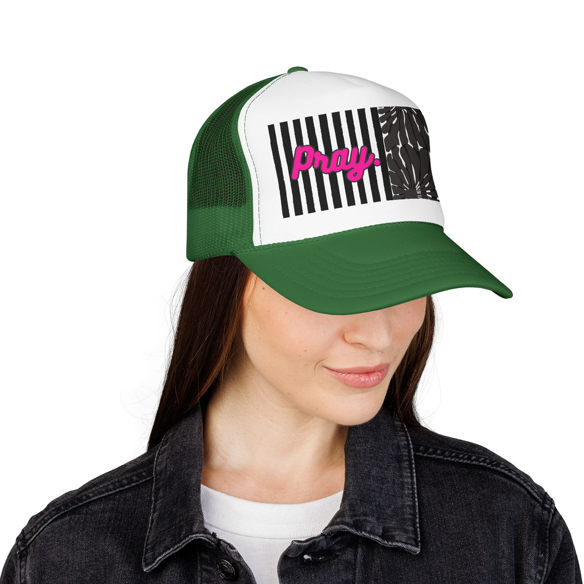 Pray Pink Patch Trucker Hat — Black Foam Mesh Cap with Stripes & Floral Blocks