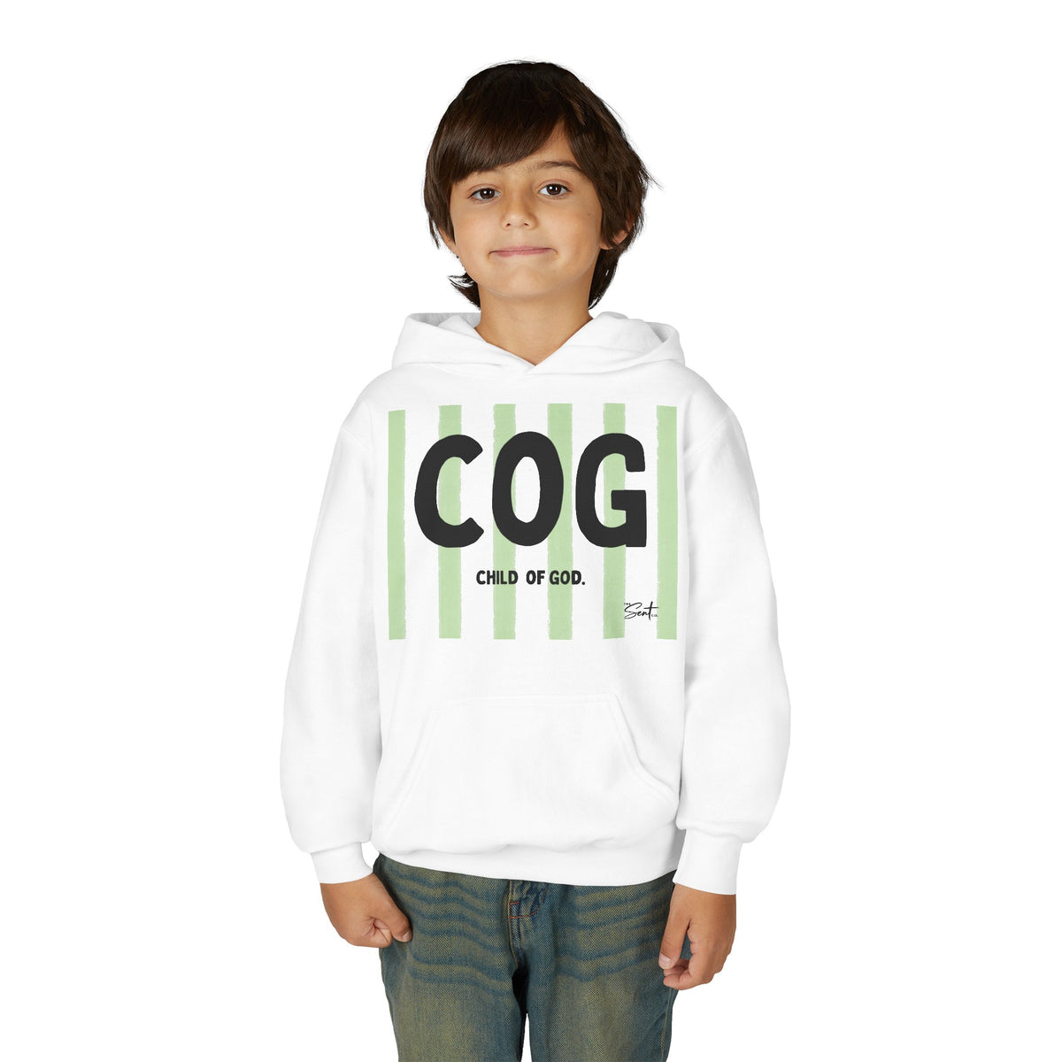 COG "Child of God" Youth Hoodie — Green Stripe Faith Sweatshirt