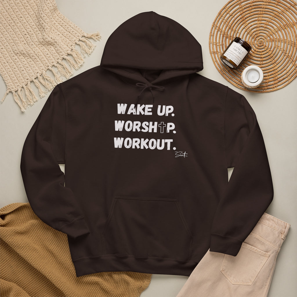 Wake Up. Worship. Workout. Hoodie — Faith & Fitness Motivational Pullover