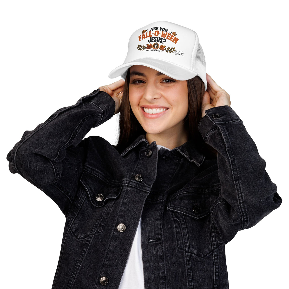 Are You Fall-O-Ween Jesus? Foam Trucker Hat – Christian Fall Pumpkin Scripture (Matthew 4:19)