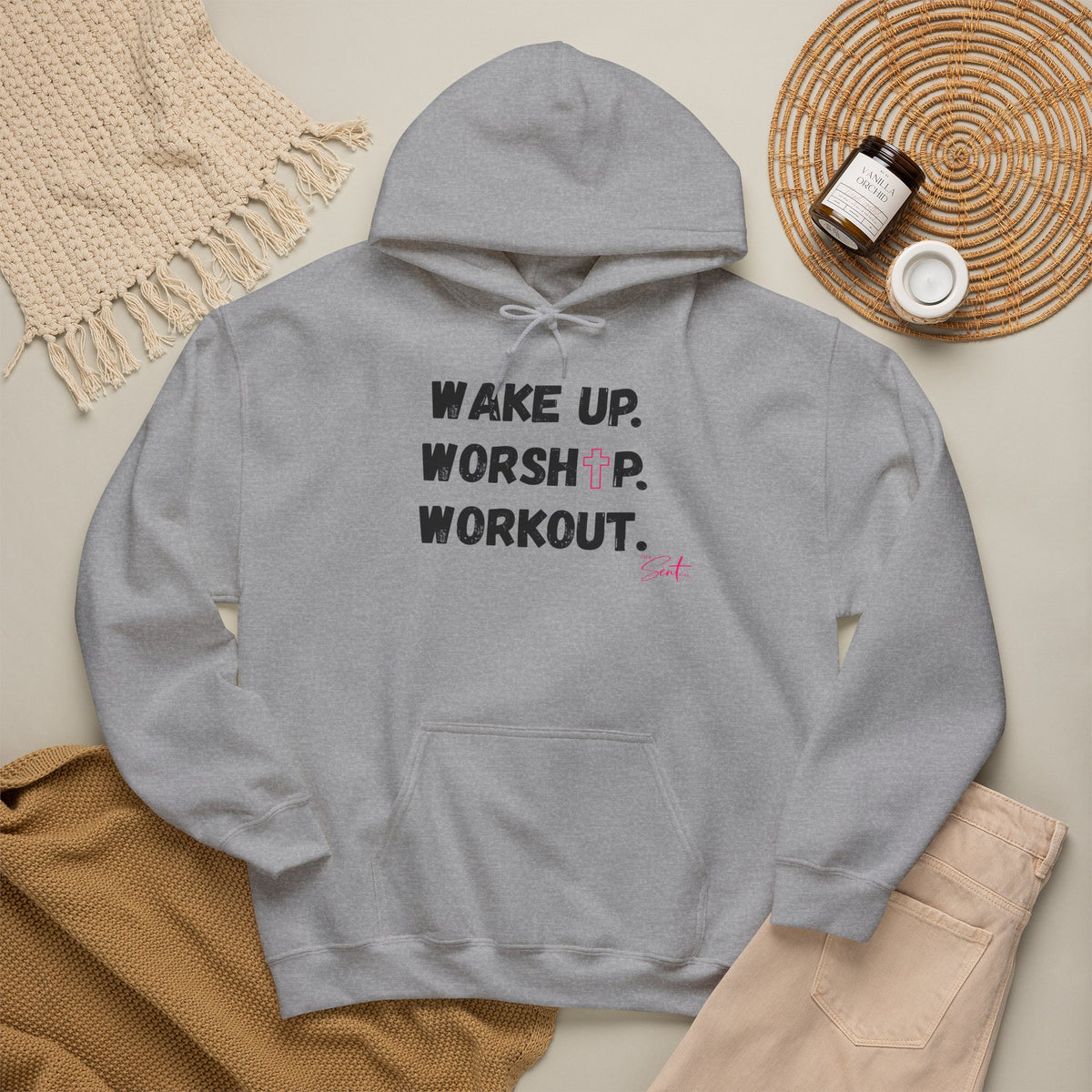 Wake Up. Worship. Workout. Hoodie — Faith & Fitness Motivational Pullover