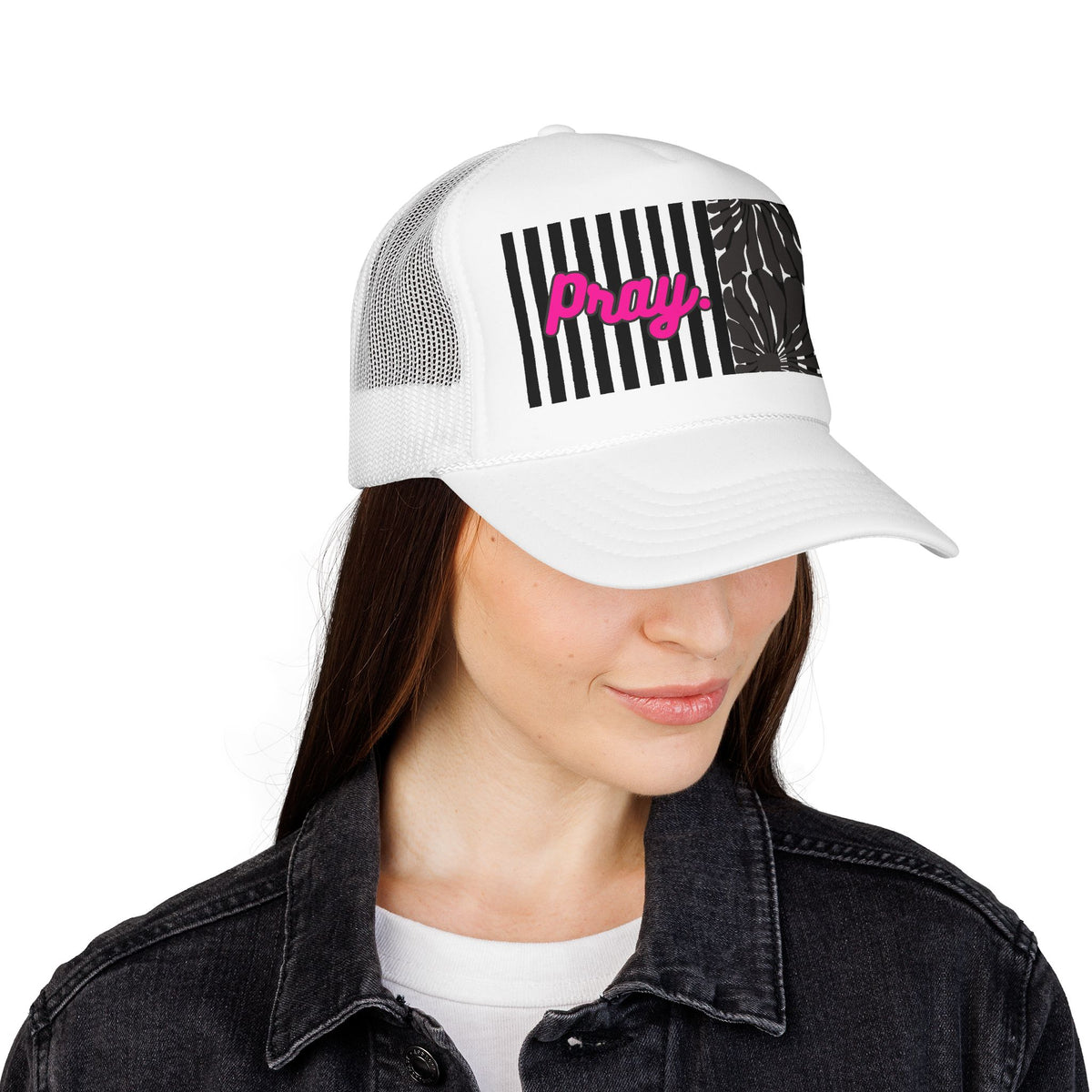 Pray Pink Patch Trucker Hat — Black Foam Mesh Cap with Stripes & Floral Blocks