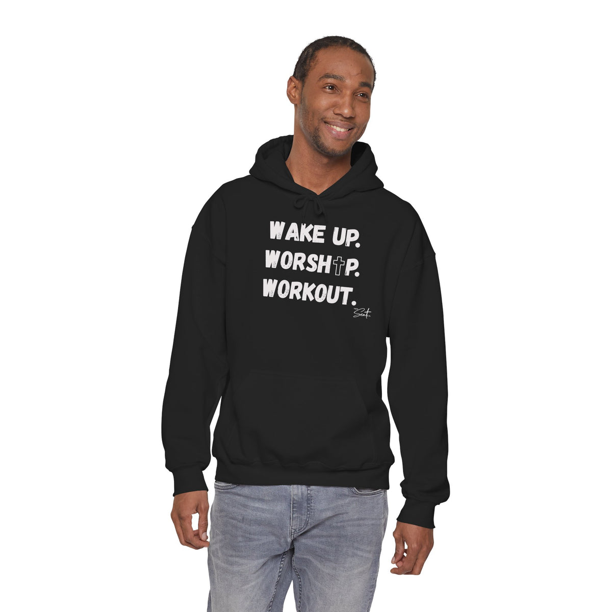 Wake Up. Worship. Workout. Hoodie — Faith & Fitness Motivational Pullover