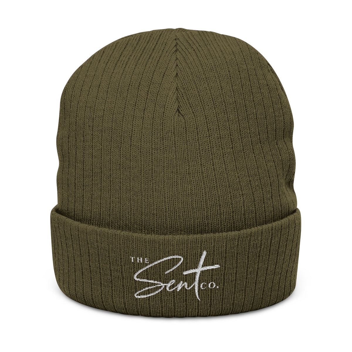 Embroidered Ribbed Beanie — 'The Sent Co.' Script Logo Knit Cap