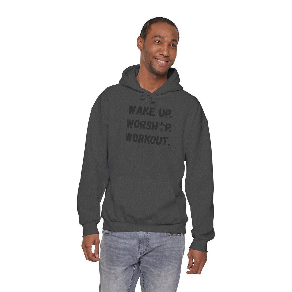 Wake Up. Worship. Workout. Hoodie — Faith & Fitness Motivational Pullover