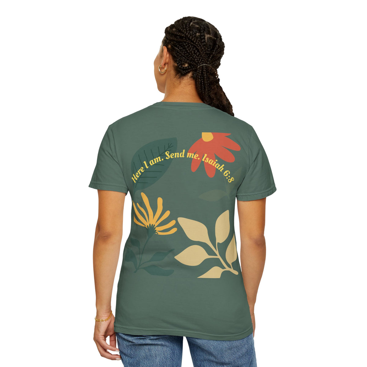 Floral Script Tee -"Here I am. Send me." Isaiah 6:8 (Back Print) The  Sent Co. (Front Print)