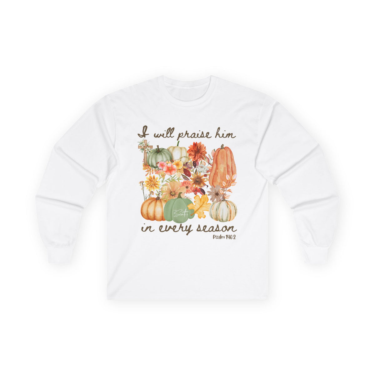 Praise Him in Every Season Long Sleeve Tee — Fall Pumpkin Floral Faith Shirt