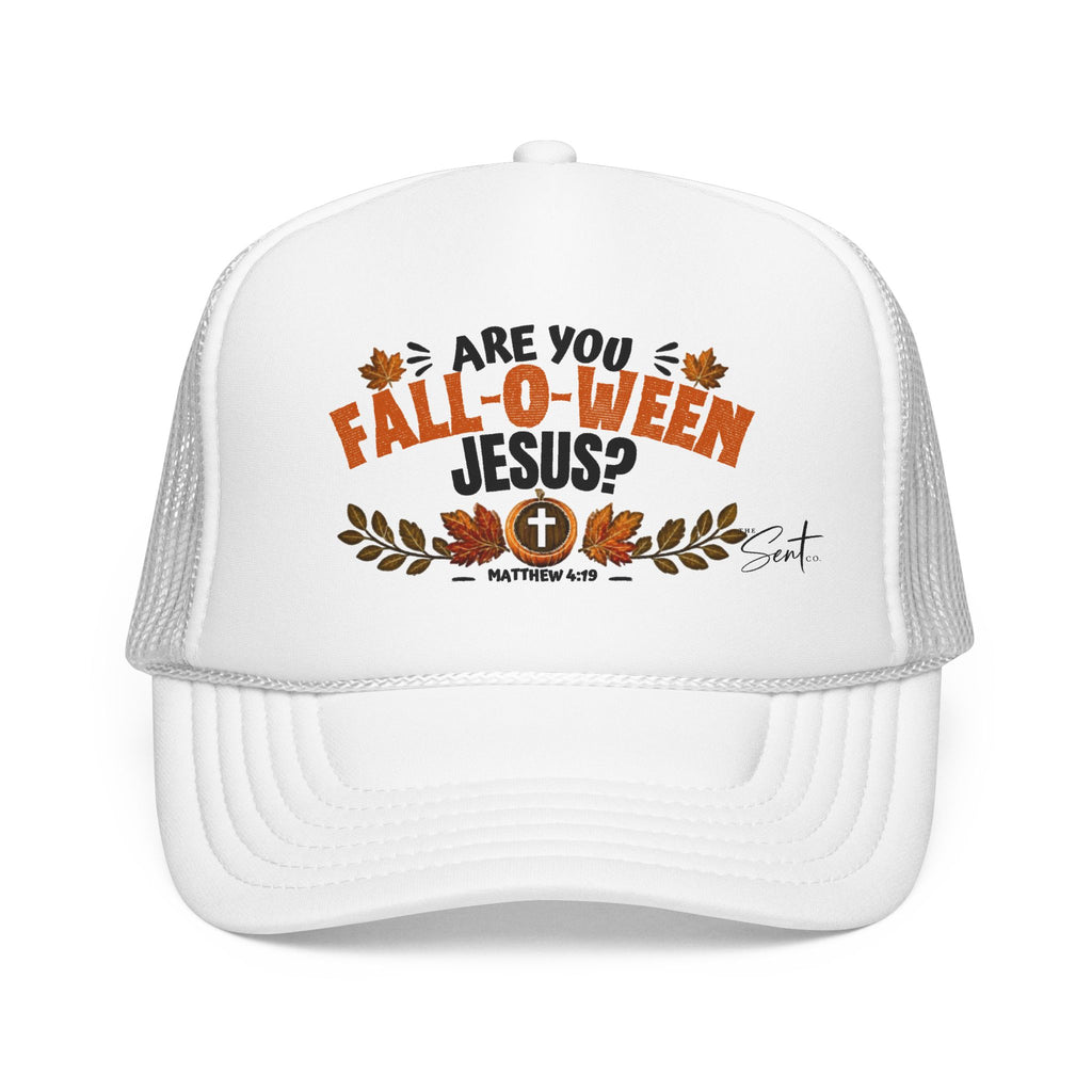 Are You Fall-O-Ween Jesus? Foam Trucker Hat – Christian Fall Pumpkin Scripture (Matthew 4:19)