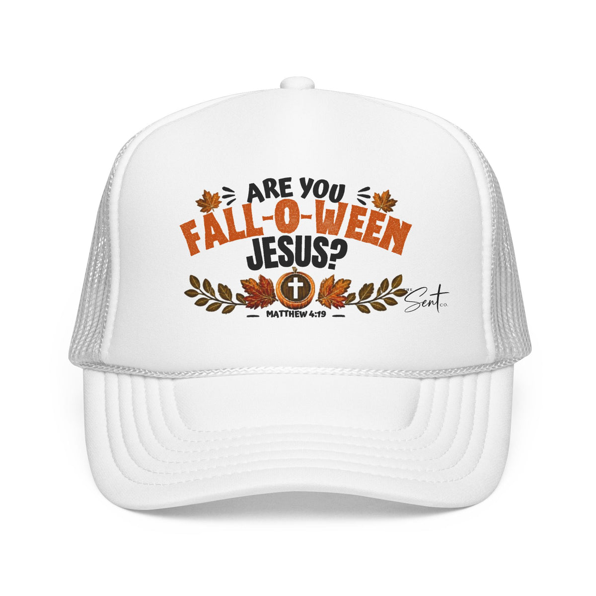 Are You Fall-O-Ween Jesus? Foam Trucker Hat – Christian Fall Pumpkin Scripture (Matthew 4:19)