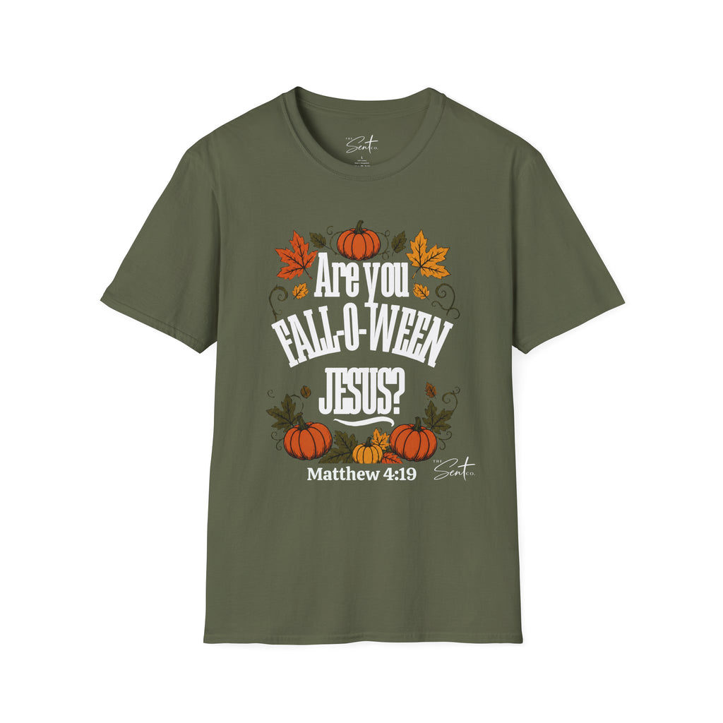 Christian Halloween T-Shirt – “Are You Fall-o-ween Jesus? Matthew 4:19” Autumn Pumpkin Tee