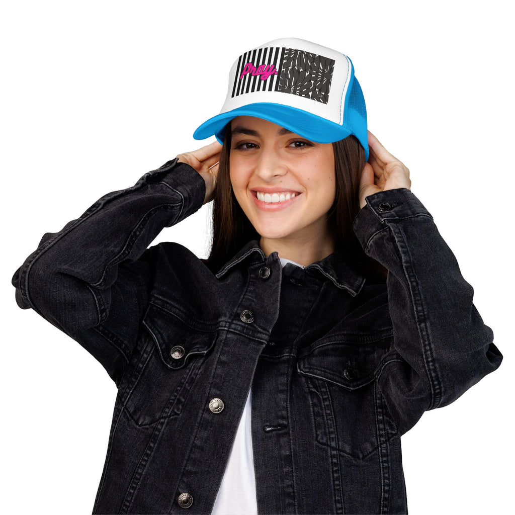 Pray Pink Patch Trucker Hat — Black Foam Mesh Cap with Stripes & Floral Blocks