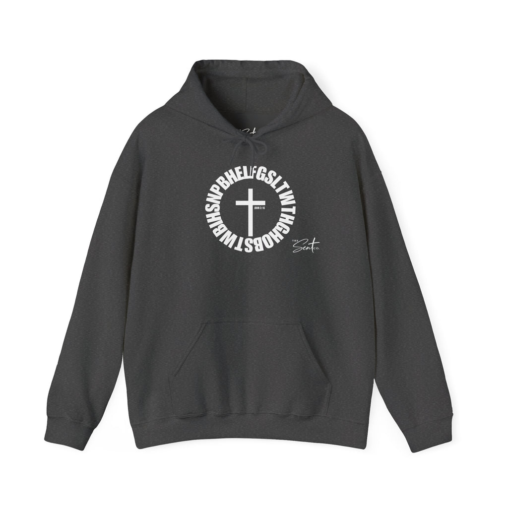 John 3:16 Cross Circle Hoodie — Faith Script Religious Pullover