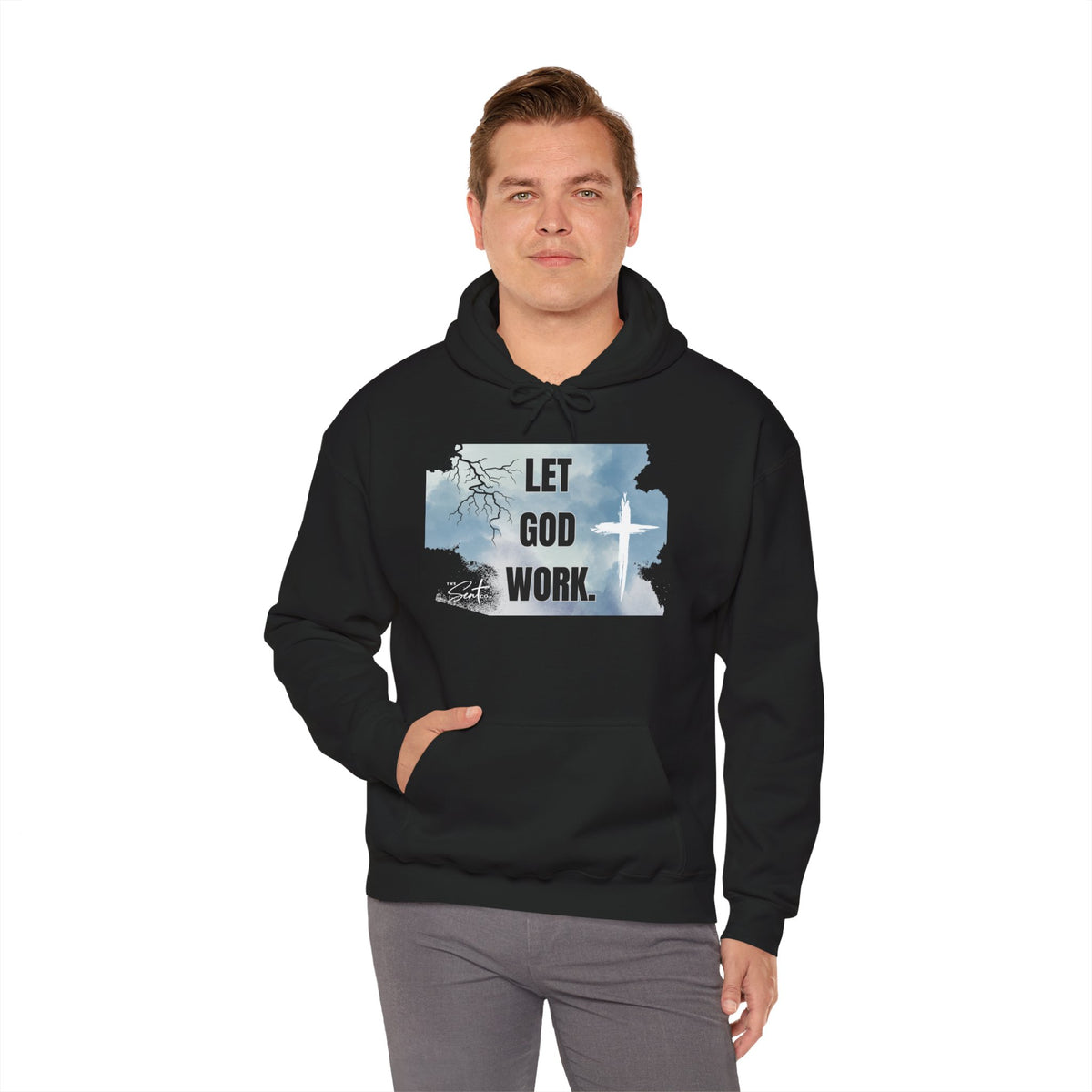 Let God Work. Hoodie — Faith Script Religious Pullover