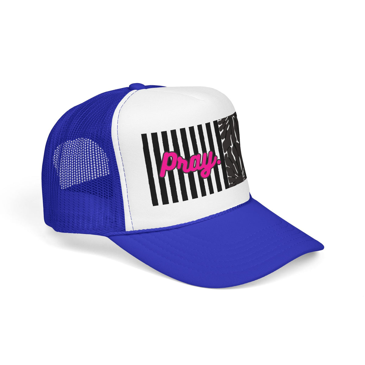 Pray Pink Patch Trucker Hat — Black Foam Mesh Cap with Stripes & Floral Blocks