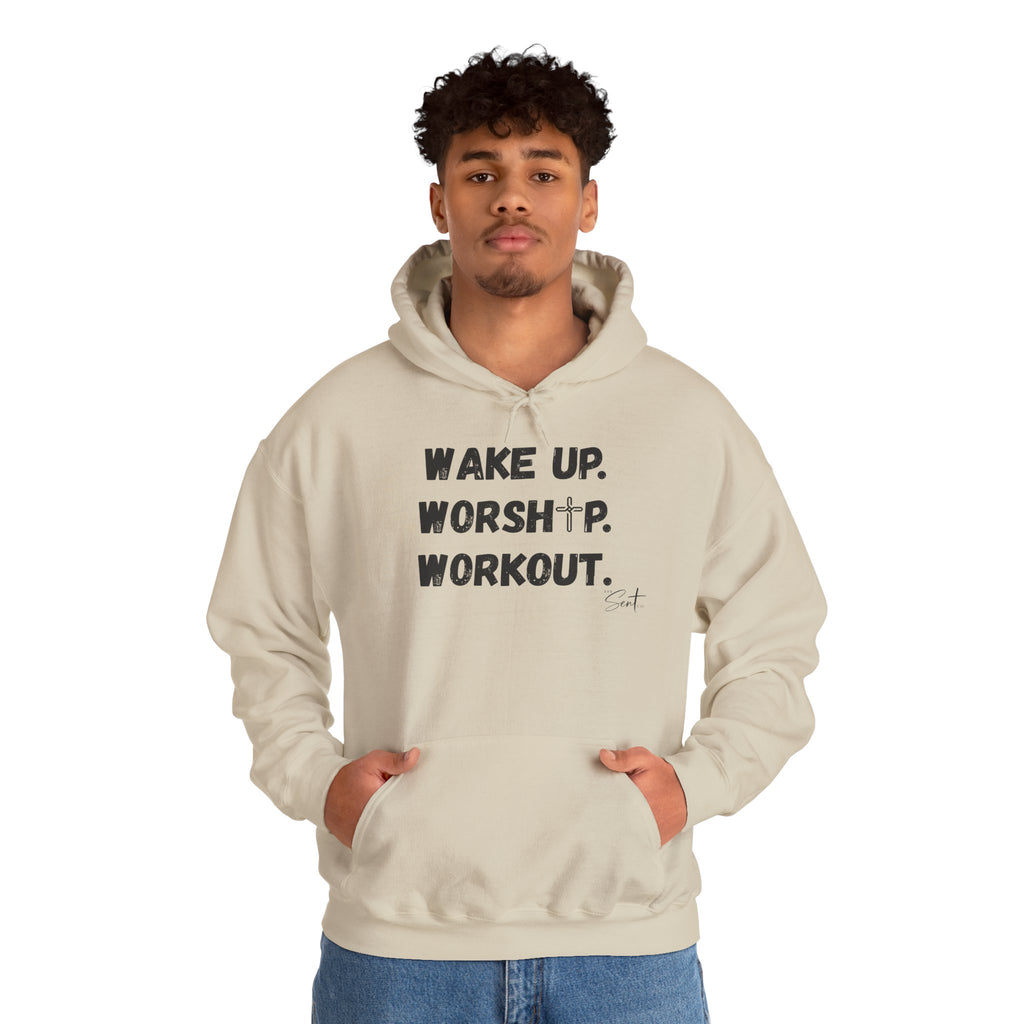 Wake Up. Worship. Workout. Hoodie — Faith & Fitness Motivational Pullover