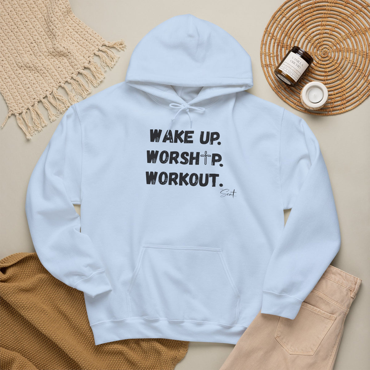Wake Up. Worship. Workout. Hoodie — Faith & Fitness Motivational Pullover