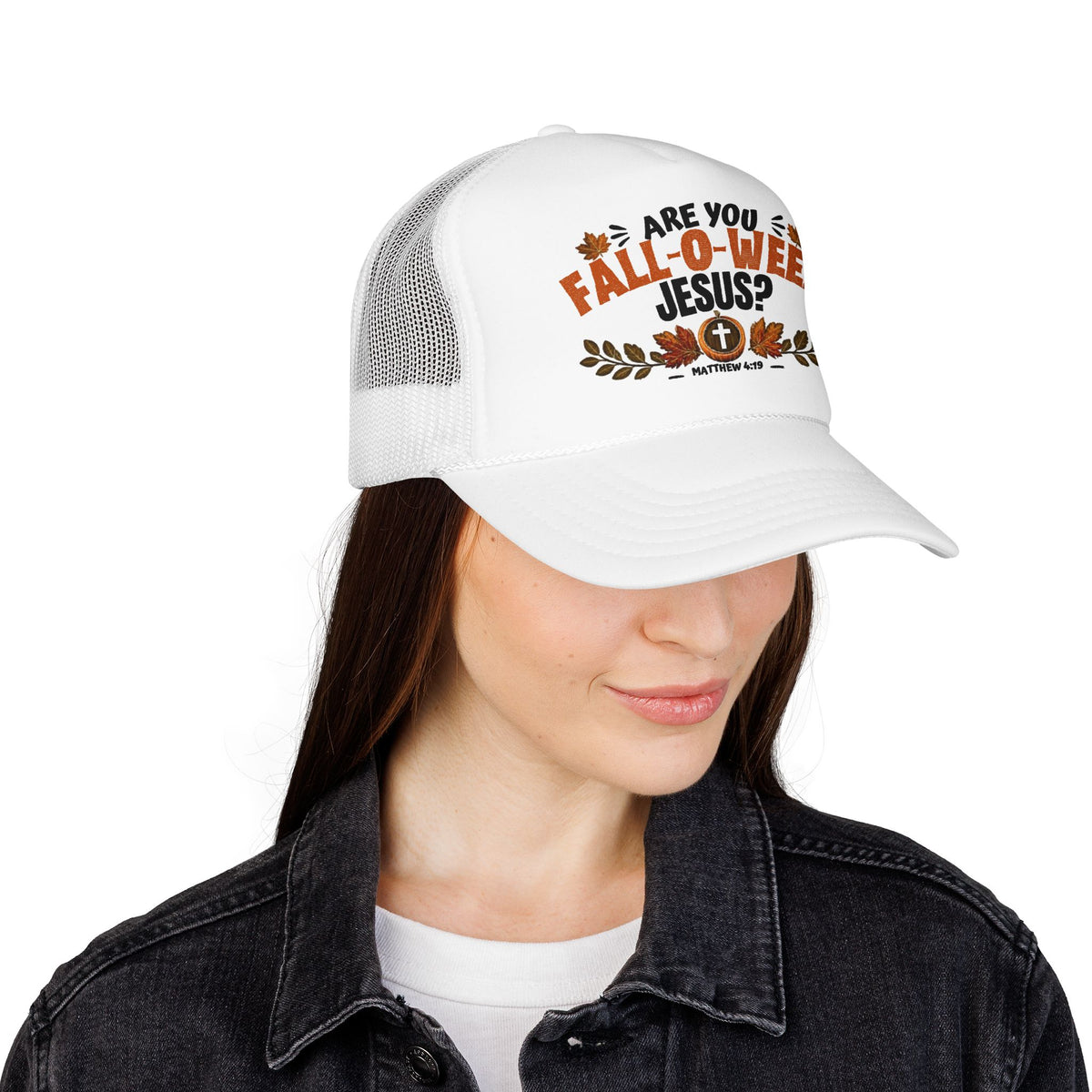 Are You Fall-O-Ween Jesus? Foam Trucker Hat – Christian Fall Pumpkin Scripture (Matthew 4:19)