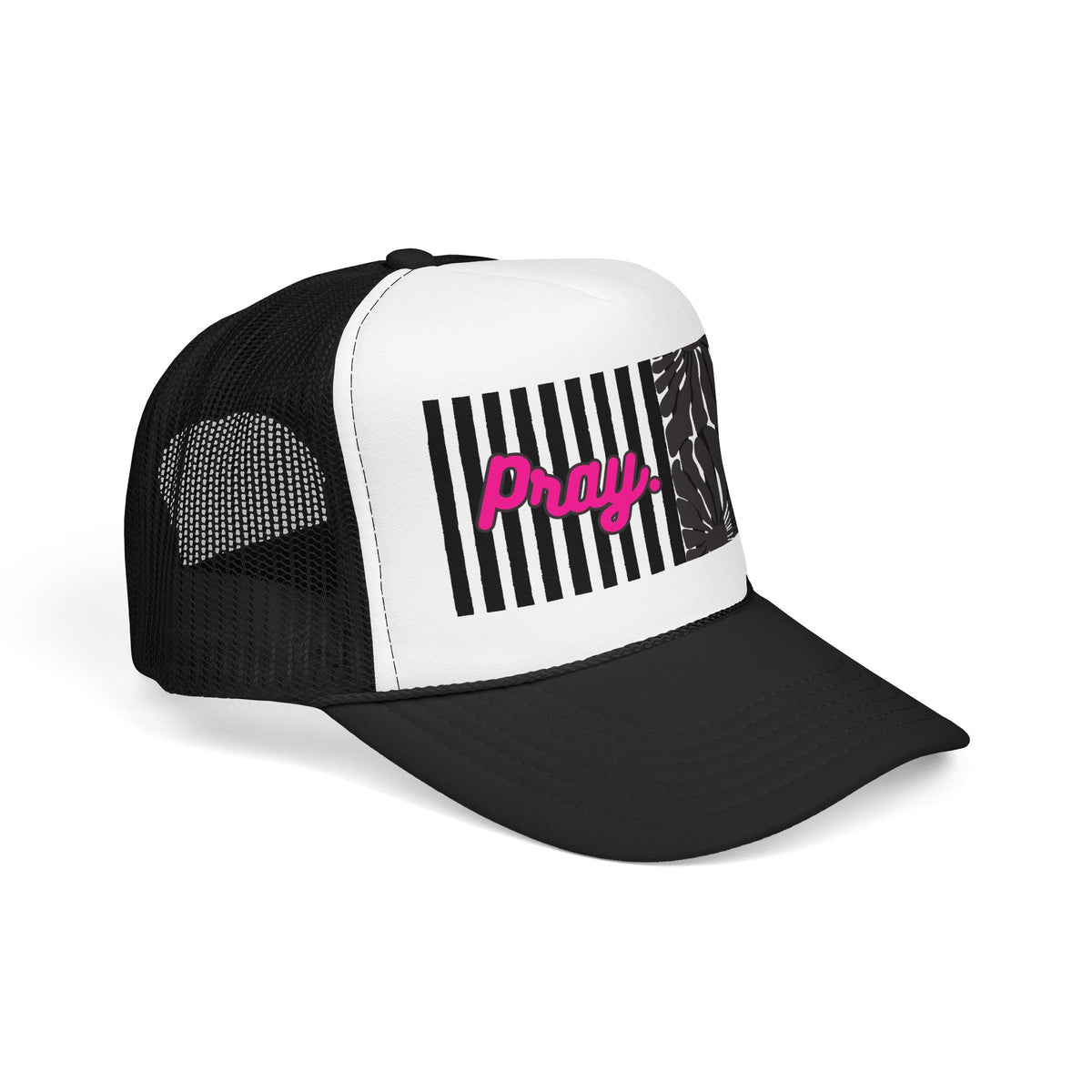 Pray Pink Patch Trucker Hat — Black Foam Mesh Cap with Stripes & Floral Blocks