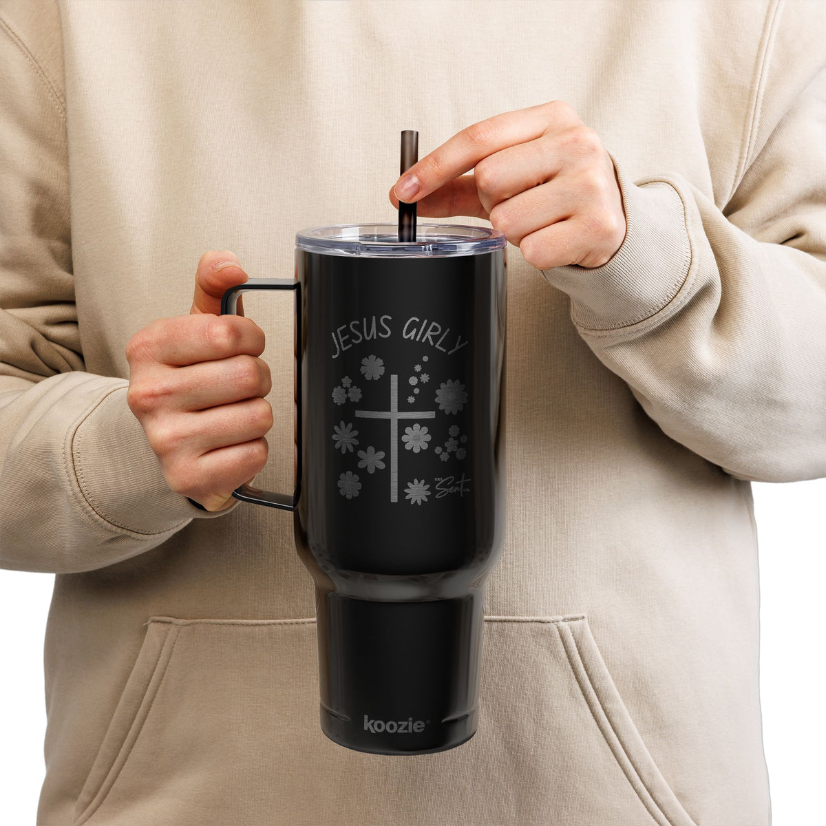 40oz Engraved Tumbler with Lid — “Jesus Girl” Floral Cross Stainless Travel Cup
