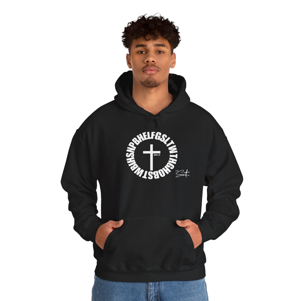 John 3:16 Cross Circle Hoodie — Faith Script Religious Pullover