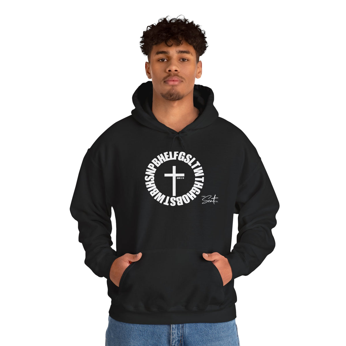 John 3:16 Cross Circle Hoodie — Faith Script Religious Pullover