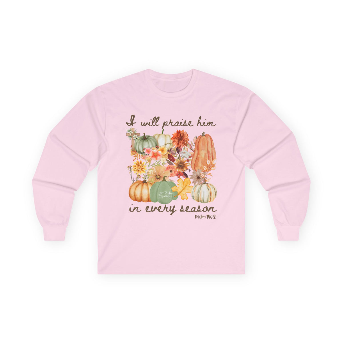 Praise Him in Every Season Long Sleeve Tee — Fall Pumpkin Floral Faith Shirt