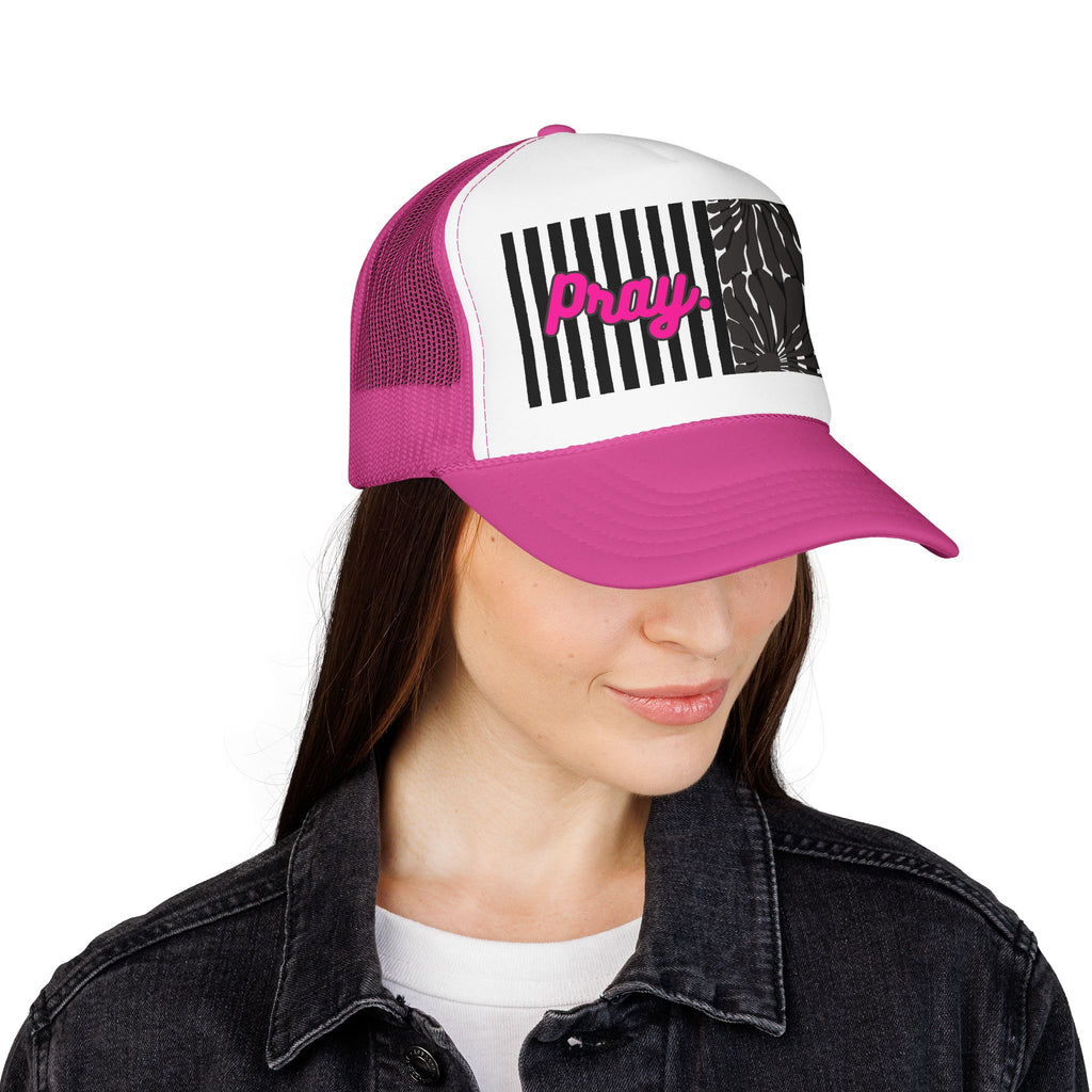 Pray Pink Patch Trucker Hat — Black Foam Mesh Cap with Stripes & Floral Blocks