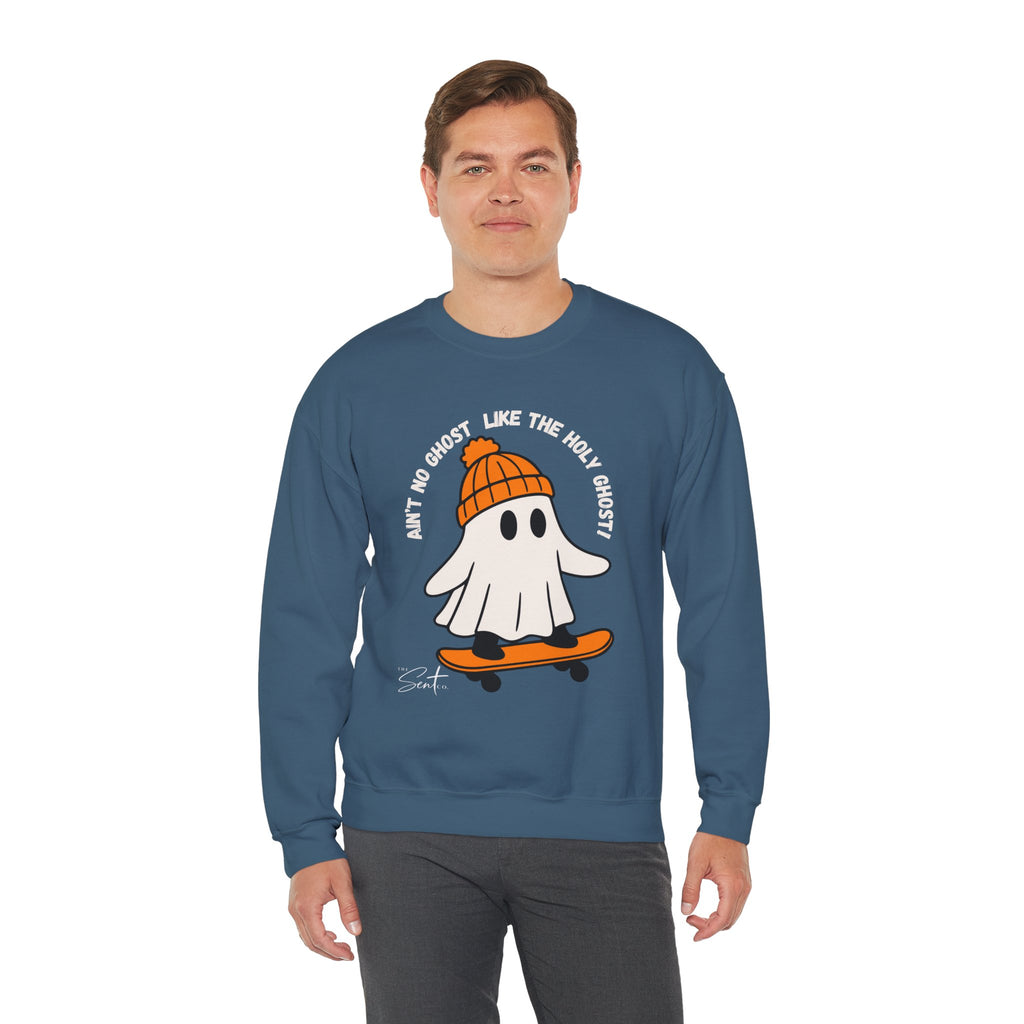 Ghost Skateboarder Sweatshirt — "Ain't No Ghost Like The Holy Ghost" Cozy Crewneck