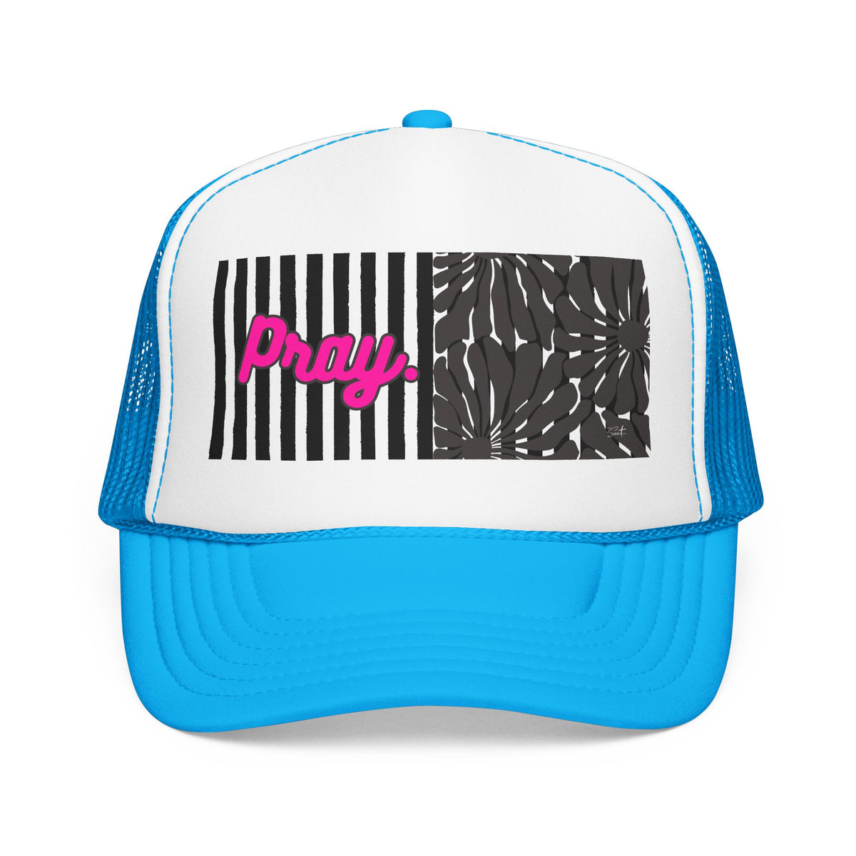 Pray Pink Patch Trucker Hat — Black Foam Mesh Cap with Stripes & Floral Blocks